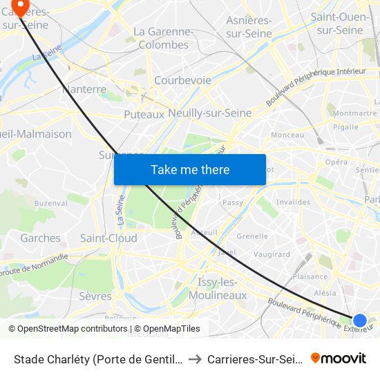 Stade Charléty (Porte de Gentilly) to Carrieres-Sur-Seine map