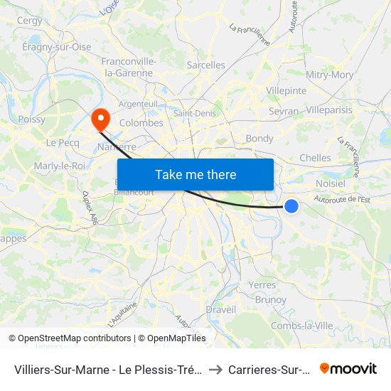 Villiers-Sur-Marne - Le Plessis-Trévise RER to Carrieres-Sur-Seine map