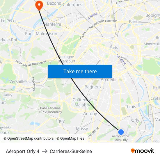 Aéroport Orly 4 to Carrieres-Sur-Seine map