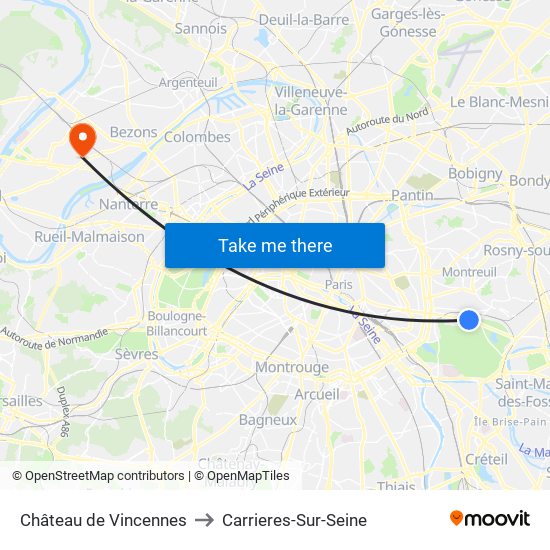 Château de Vincennes to Carrieres-Sur-Seine map