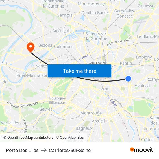 Porte Des Lilas to Carrieres-Sur-Seine map