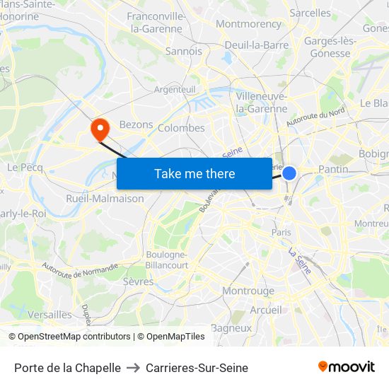 Porte de la Chapelle to Carrieres-Sur-Seine map