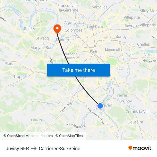 Juvisy RER to Carrieres-Sur-Seine map