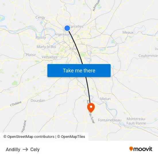 Andilly to Cely map