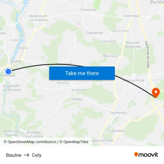 Baulne to Cely map