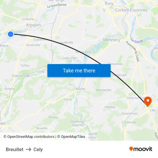 Breuillet to Cely map