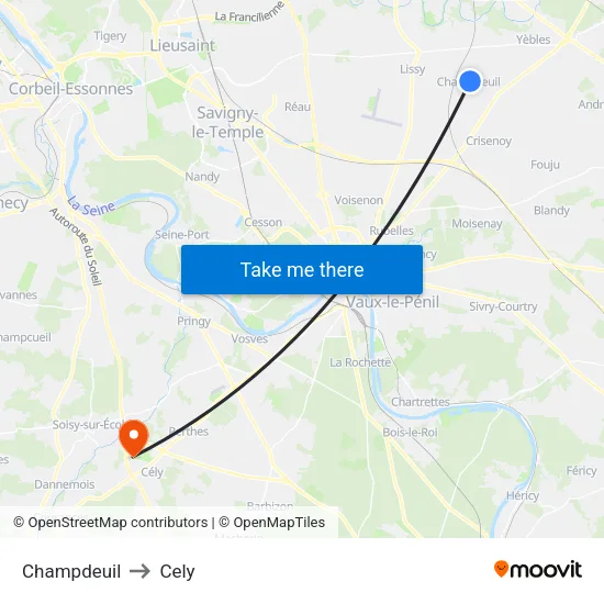 Champdeuil to Cely map