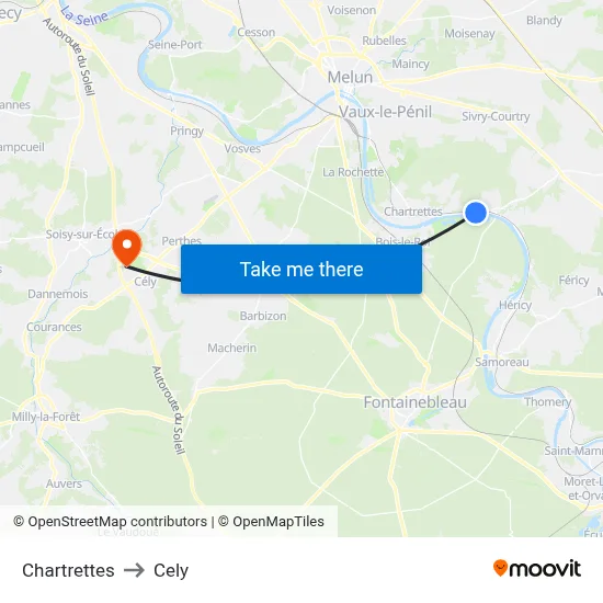 Chartrettes to Cely map