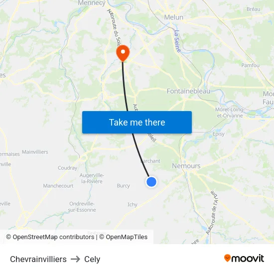 Chevrainvilliers to Cely map
