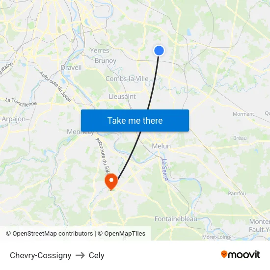 Chevry-Cossigny to Cely map