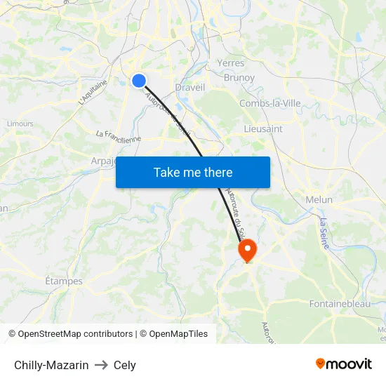 Chilly-Mazarin to Cely map