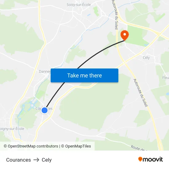 Courances to Cely map