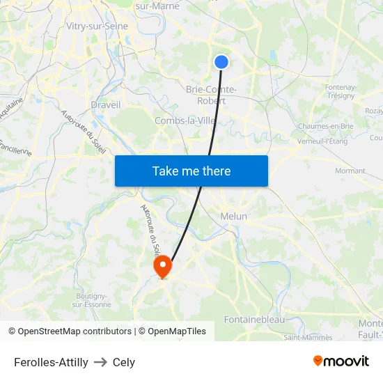 Ferolles-Attilly to Cely map