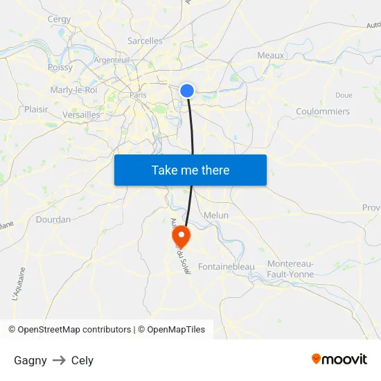 Gagny to Cely map