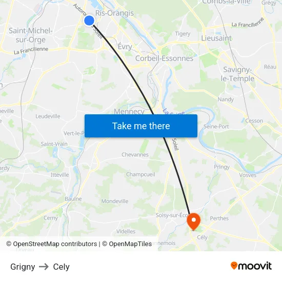 Grigny to Cely map