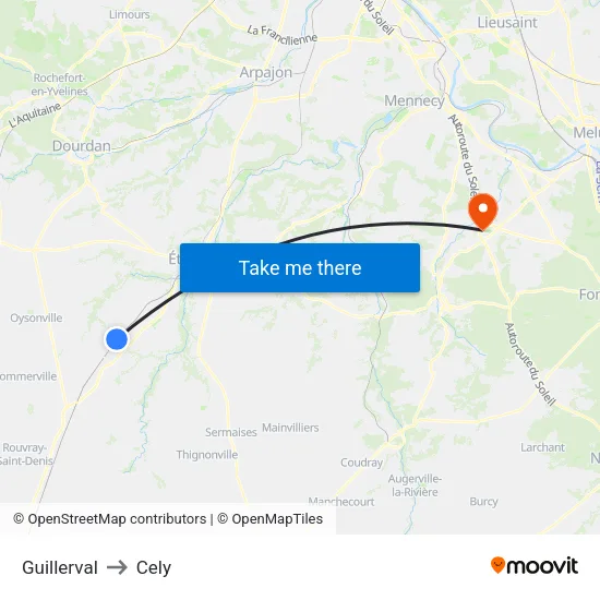 Guillerval to Cely map