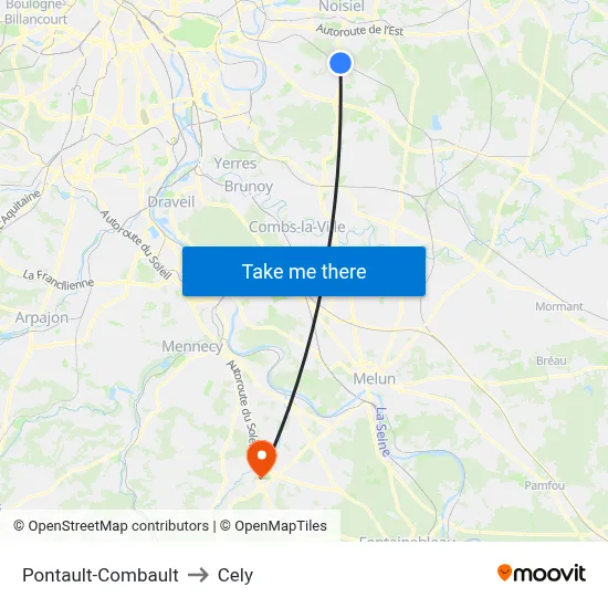 Pontault-Combault to Cely map
