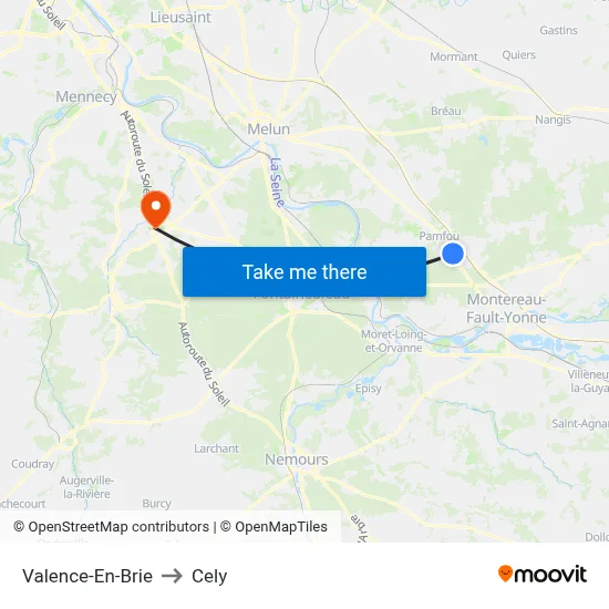 Valence-En-Brie to Cely map