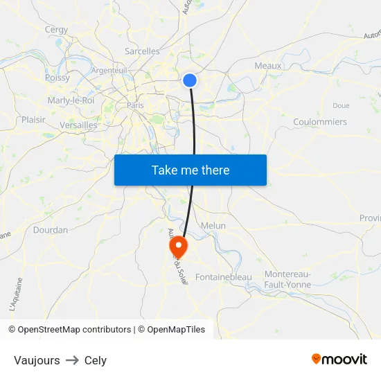 Vaujours to Cely map