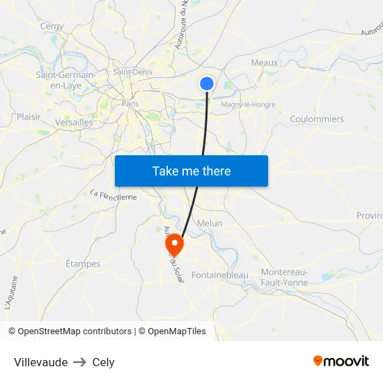 Villevaude to Cely map