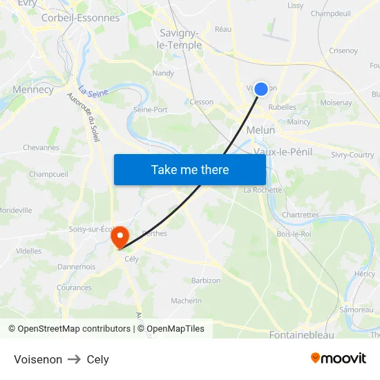 Voisenon to Cely map