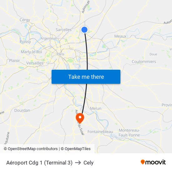 Aéroport Cdg 1 (Terminal 3) to Cely map