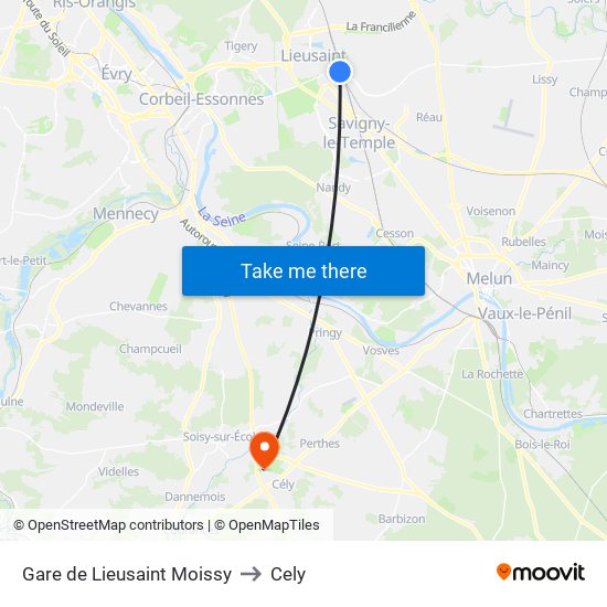 Gare de Lieusaint Moissy to Cely map