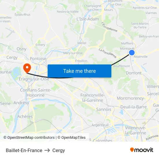 Baillet-En-France to Cergy map