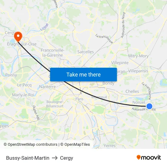 Bussy-Saint-Martin to Cergy map