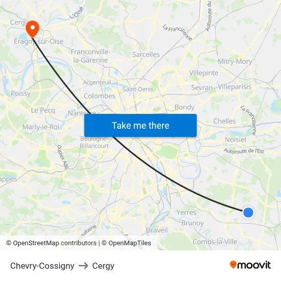 Chevry-Cossigny to Cergy map