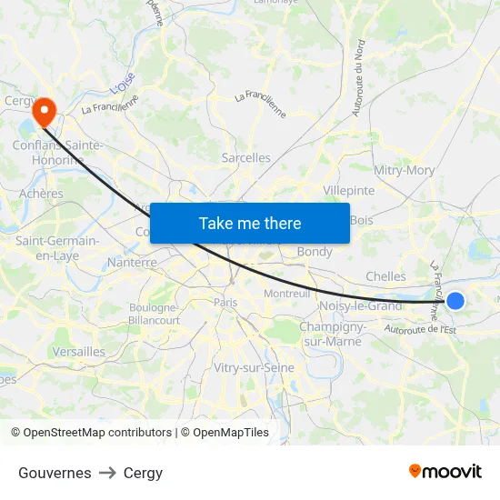 Gouvernes to Cergy map