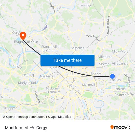Montfermeil to Cergy map