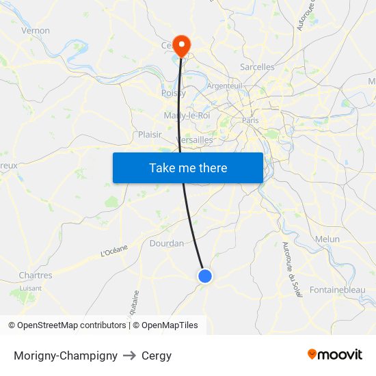 Morigny-Champigny to Cergy map