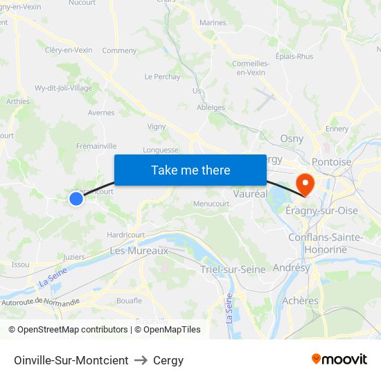 Oinville-Sur-Montcient to Cergy map