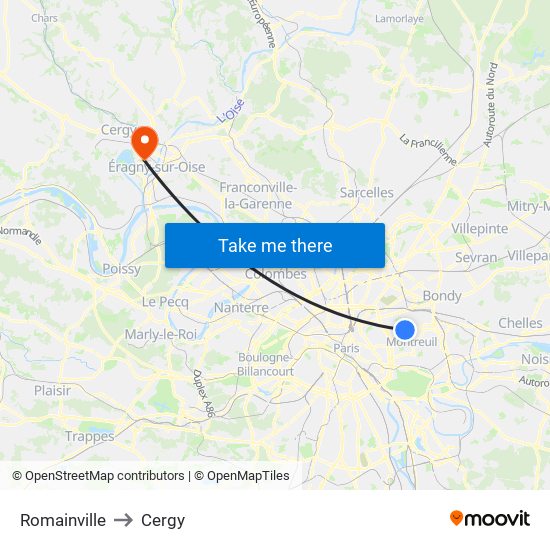 Romainville to Cergy map