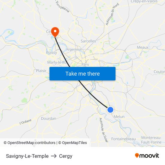 Savigny-Le-Temple to Cergy map