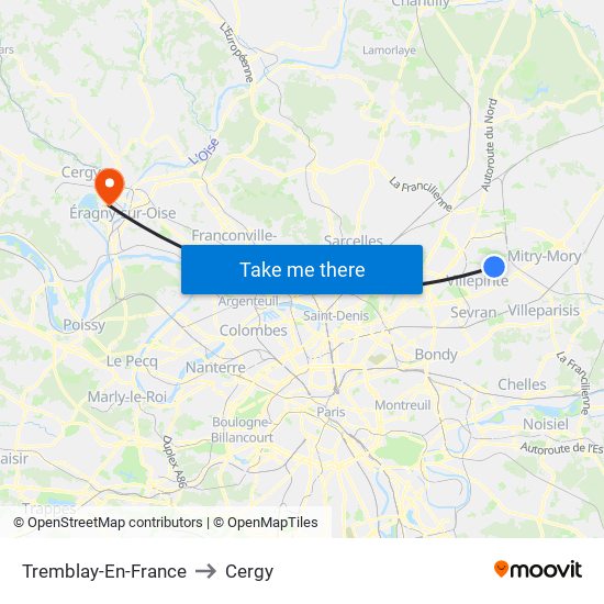 Tremblay-En-France to Cergy map