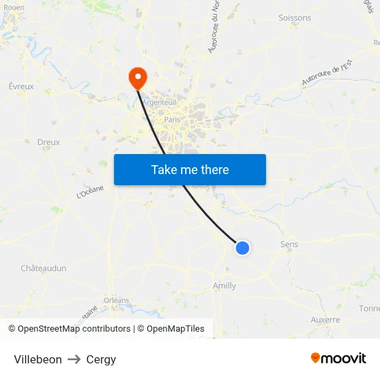 Villebeon to Cergy map