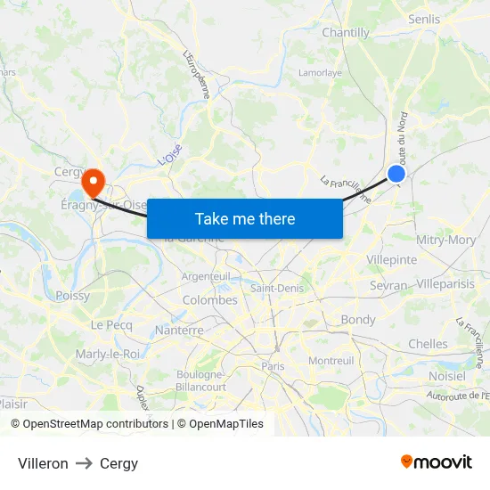 Villeron to Cergy map
