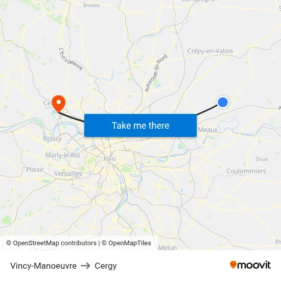 Vincy-Manoeuvre to Cergy map