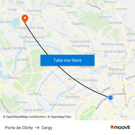 Porte de Clichy to Cergy map