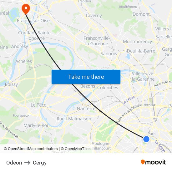 Odéon to Cergy map