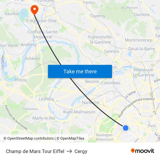 Champ de Mars Tour Eiffel to Cergy map