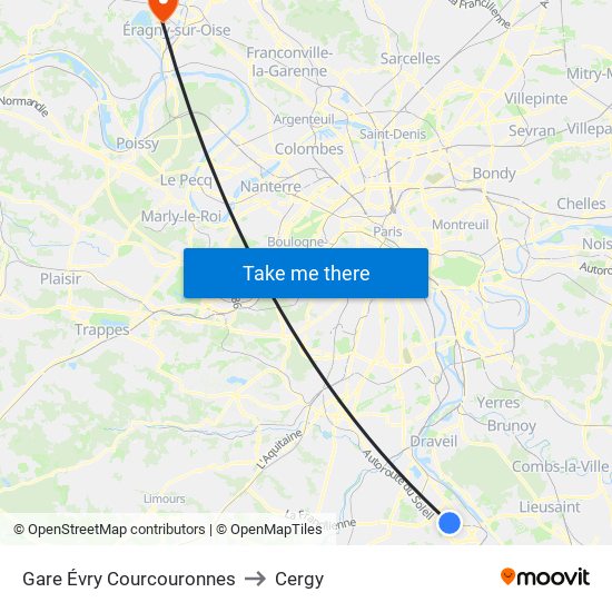 Gare Évry Courcouronnes to Cergy map