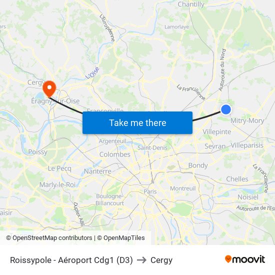 Roissypole - Aéroport Cdg1 (D3) to Cergy map