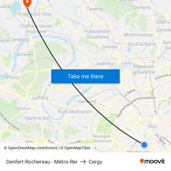 Denfert-Rochereau - Métro-Rer to Cergy map