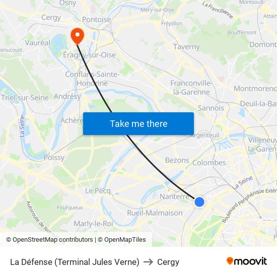 La Défense (Terminal Jules Verne) to Cergy map