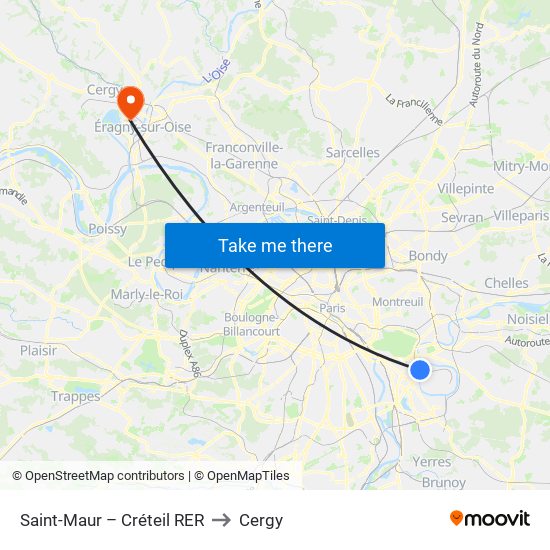 Saint-Maur – Créteil RER to Cergy map