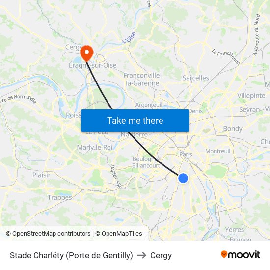 Stade Charléty (Porte de Gentilly) to Cergy map