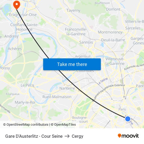 Gare D'Austerlitz - Cour Seine to Cergy map